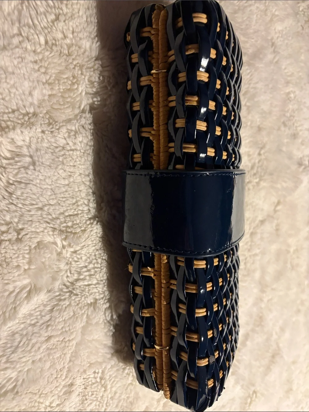 Tory Burch Navy and Tan Woven Patent Clutch